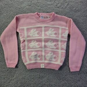 Vintage Blue Bird Pink Bunny Rabbit Knit Sweater Kids 4T Orlon Acrylic USA Made